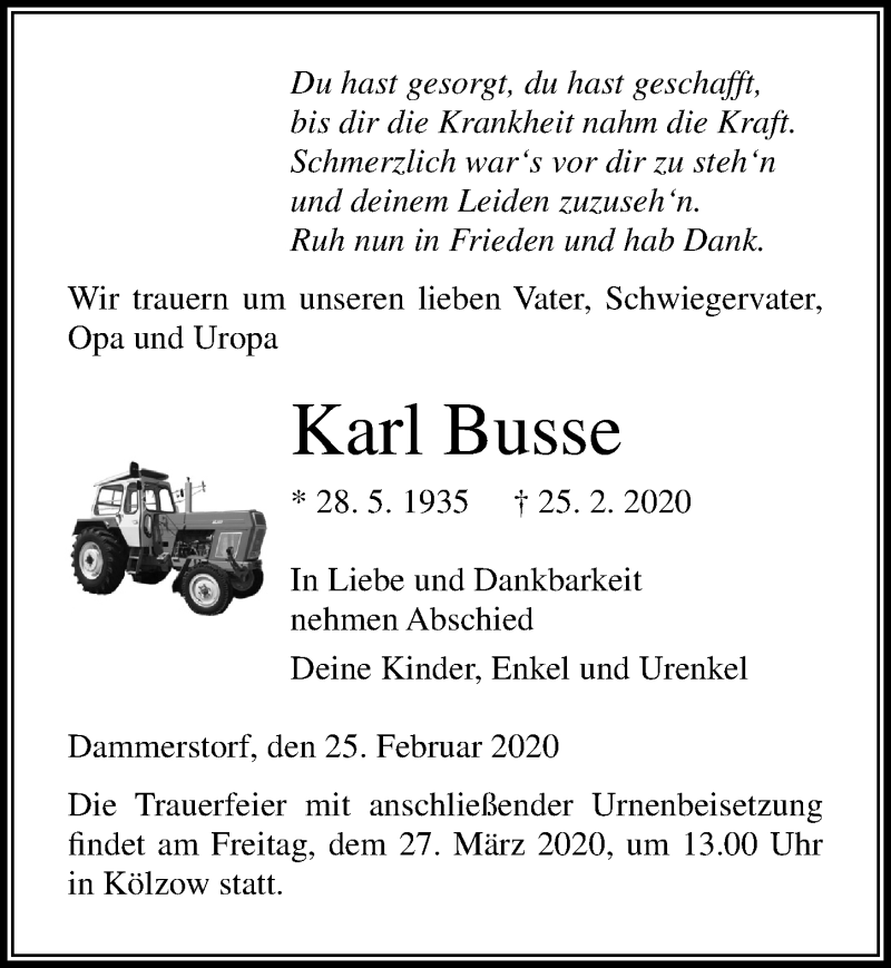  Traueranzeige für Karl Busse vom 07.03.2020 aus Ostsee-Zeitung GmbH