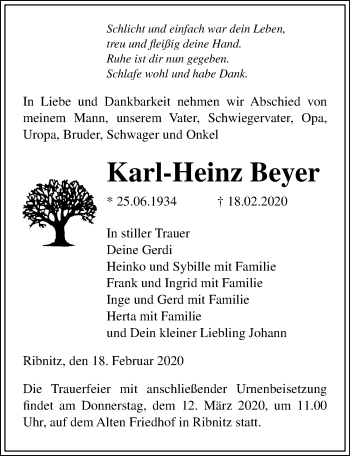 Traueranzeige von Karl-Heinz Beyer von Ostsee-Zeitung GmbH