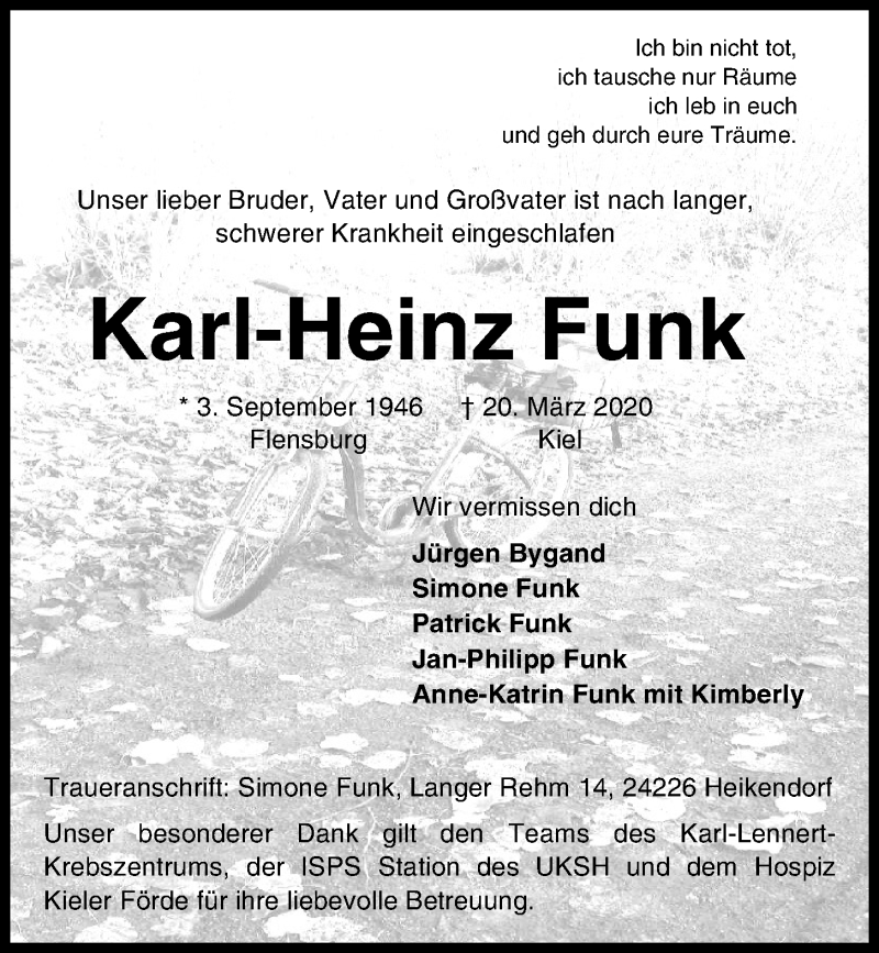  Traueranzeige für Karl-Heinz Funk vom 28.03.2020 aus Kieler Nachrichten