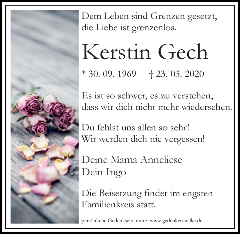  Traueranzeige für Kerstin Gech vom 28.03.2020 aus Märkischen Allgemeine Zeitung