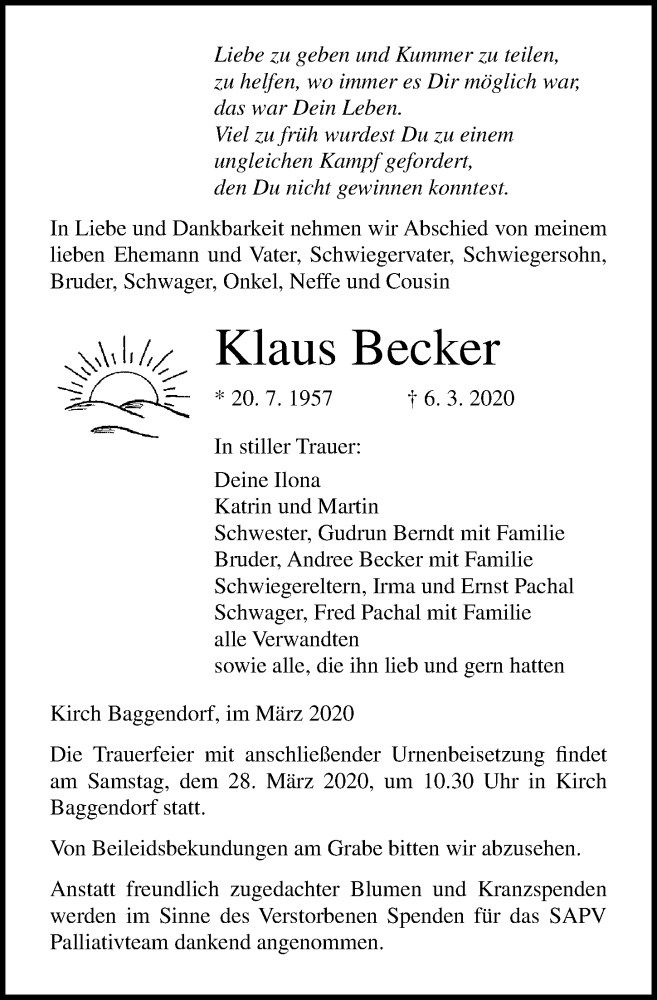  Traueranzeige für Klaus Becker vom 14.03.2020 aus Ostsee-Zeitung GmbH