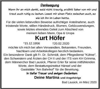 Traueranzeige von Kurt Höfer von Leipziger Volkszeitung