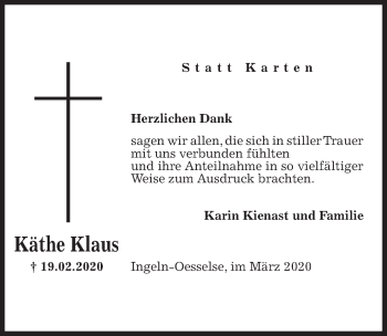Traueranzeige von Käthe Klaus von Hannoversche Allgemeine Zeitung/Neue Presse