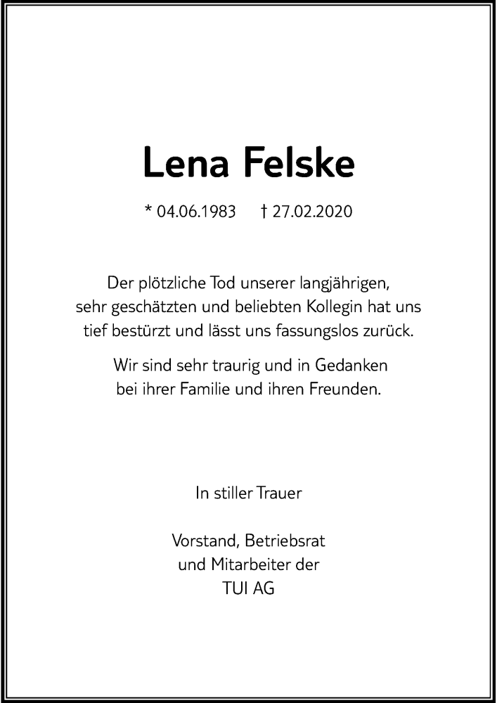  Traueranzeige für Lena Felske vom 07.03.2020 aus Hannoversche Allgemeine Zeitung/Neue Presse
