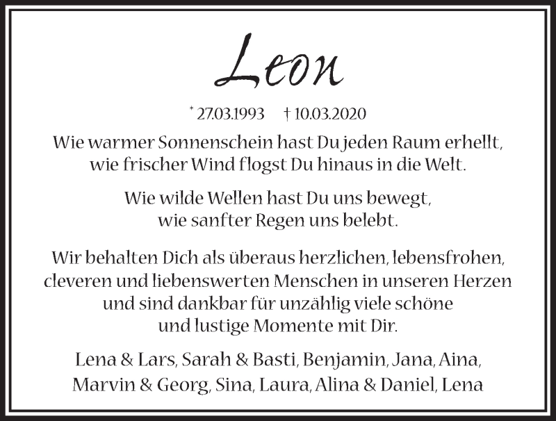  Traueranzeige für Leon Bajrami vom 21.03.2020 aus Kieler Nachrichten