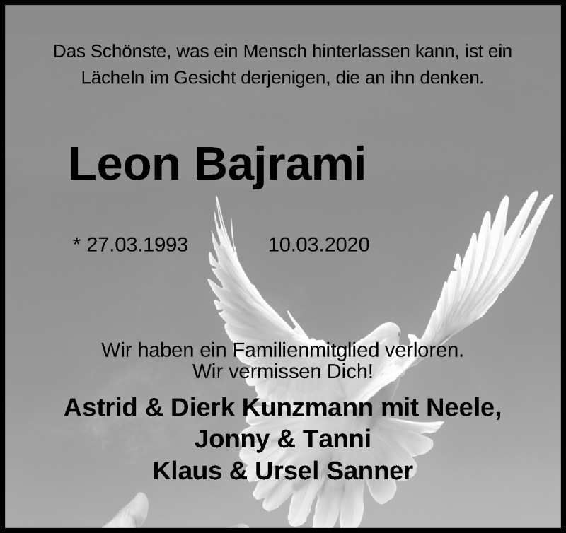  Traueranzeige für Leon Bajrami vom 21.03.2020 aus Kieler Nachrichten