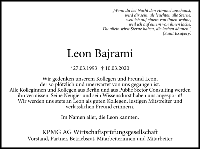  Traueranzeige für Leon Bajrami vom 28.03.2020 aus Kieler Nachrichten