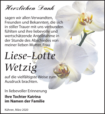 Traueranzeige von Liese-Lotte Wetzig von Leipziger Volkszeitung