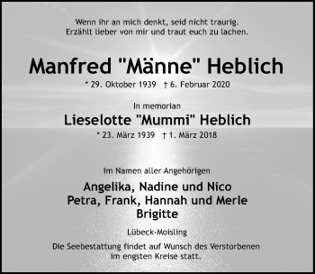 Traueranzeige von Lieselotte Heblich von Lübecker Nachrichten