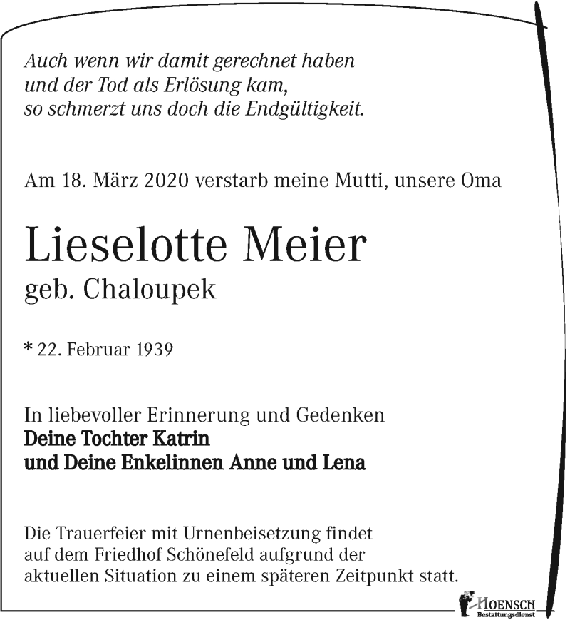  Traueranzeige für Lieselotte Meier vom 28.03.2020 aus Leipziger Volkszeitung