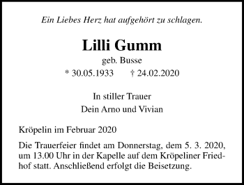 Traueranzeige von Lilli Gumm von Ostsee-Zeitung GmbH