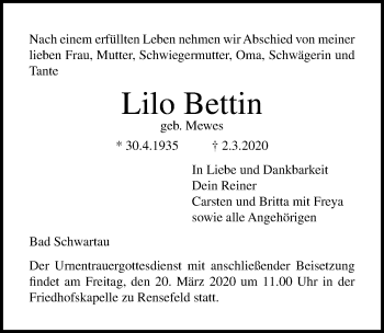 Traueranzeige von Lilo Bettin von Lübecker Nachrichten