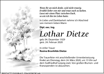 Traueranzeige von Lothar Dietze von Leipziger Volkszeitung