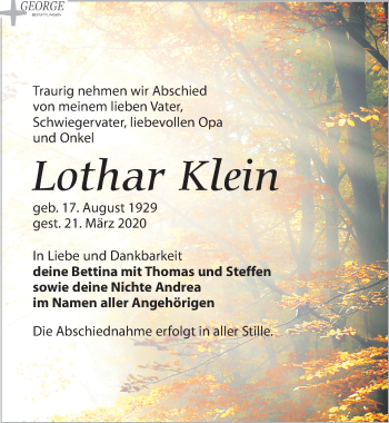 Traueranzeige von Lothar Klein von Leipziger Volkszeitung