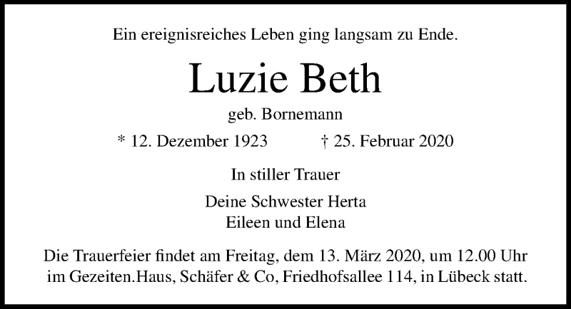  Traueranzeige für Luzie Beth vom 10.03.2020 aus Lübecker Nachrichten