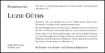 Traueranzeige von Luzie Güths von Ostsee-Zeitung GmbH