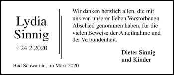 Traueranzeige von Lydia Sinnig von Lübecker Nachrichten