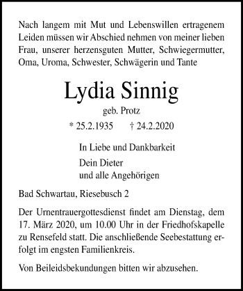 Traueranzeige von Lydia Sinnig von Lübecker Nachrichten