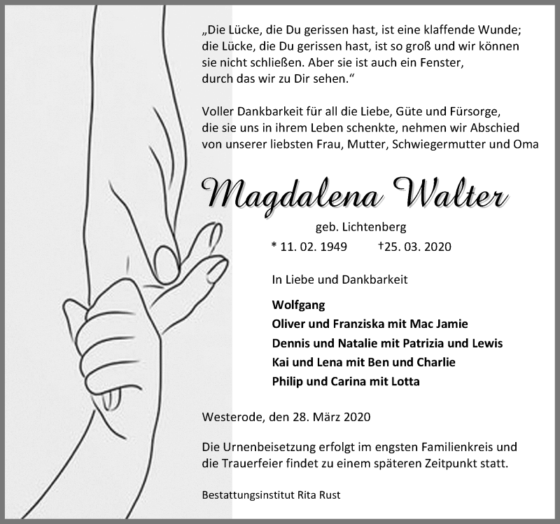  Traueranzeige für Magdalena Walter vom 28.03.2020 aus Eichsfelder Tageblatt