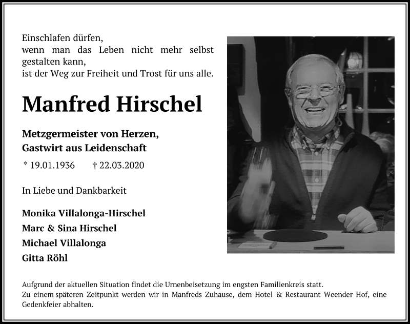  Traueranzeige für Manfred Hirschel vom 28.03.2020 aus Göttinger Tageblatt