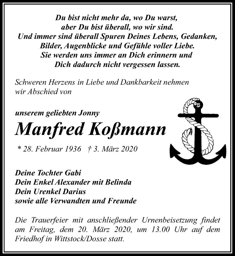  Traueranzeige für Manfred Koßmann vom 14.03.2020 aus Märkischen Allgemeine Zeitung