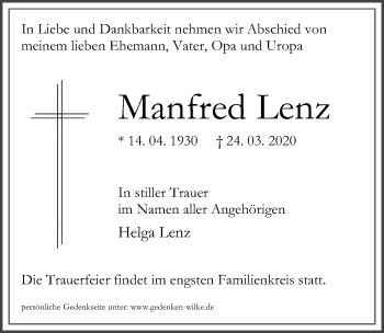 Traueranzeige von Manfred Lenz von Märkischen Allgemeine Zeitung