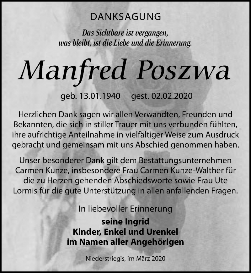  Traueranzeige für Manfred Poszwa vom 28.03.2020 aus Leipziger Volkszeitung
