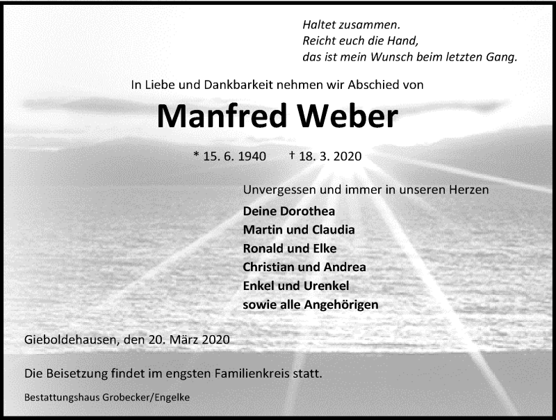  Traueranzeige für Manfred Weber vom 20.03.2020 aus Eichsfelder Tageblatt
