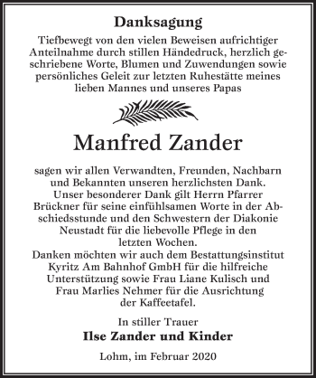 Traueranzeige von Manfred Zander von Märkischen Allgemeine Zeitung