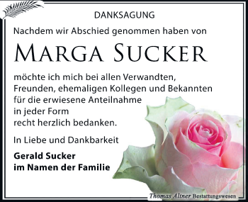 Traueranzeige von Marga Sucker von Leipziger Volkszeitung