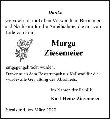 Traueranzeige von Marga Ziesemeier von Ostsee-Zeitung GmbH