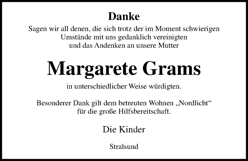  Traueranzeige für Margarete Grams vom 28.03.2020 aus Ostsee-Zeitung GmbH