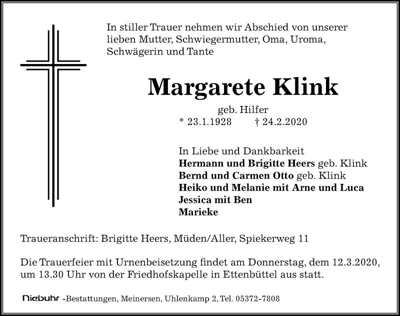  Traueranzeige für Margarete Klink vom 07.03.2020 aus Aller Zeitung