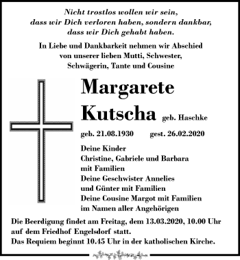 Traueranzeige von Margarete Kutscha von Leipziger Volkszeitung