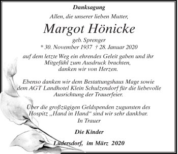 Traueranzeige von Margot Hönicke von Märkischen Allgemeine Zeitung