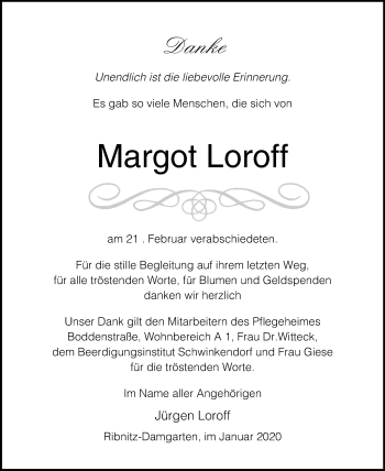 Traueranzeige von Margot Loroff von Ostsee-Zeitung GmbH