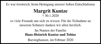 Traueranzeige von Margrit Kuntze von Hannoversche Allgemeine Zeitung/Neue Presse