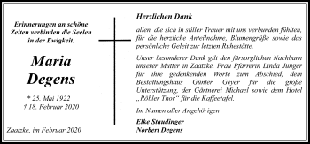 Traueranzeige von Maria Degens von Märkischen Allgemeine Zeitung