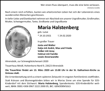 Traueranzeige von Maria Halstenberg von Lübecker Nachrichten