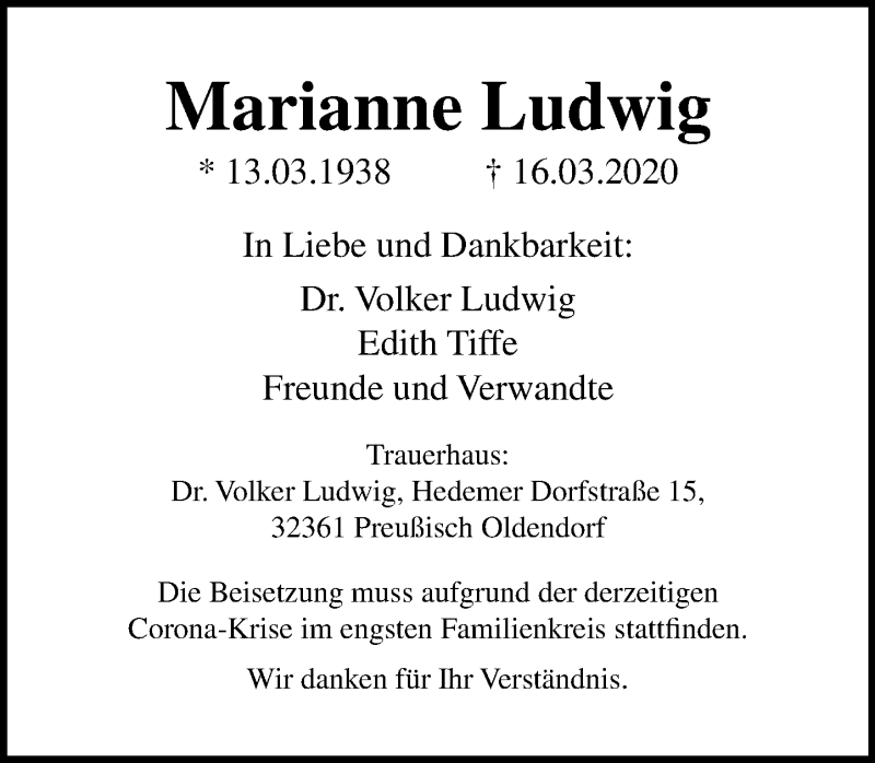  Traueranzeige für Marianne Ludwig vom 21.03.2020 aus Schaumburger Nachrichten