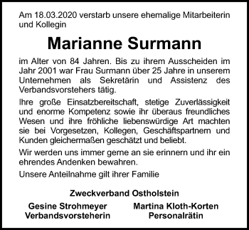 Traueranzeige von Marianne Surmann von Lübecker Nachrichten