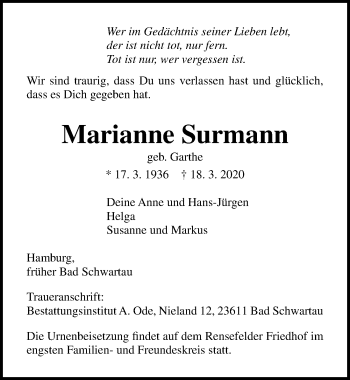 Traueranzeige von Marianne Surmann von Lübecker Nachrichten