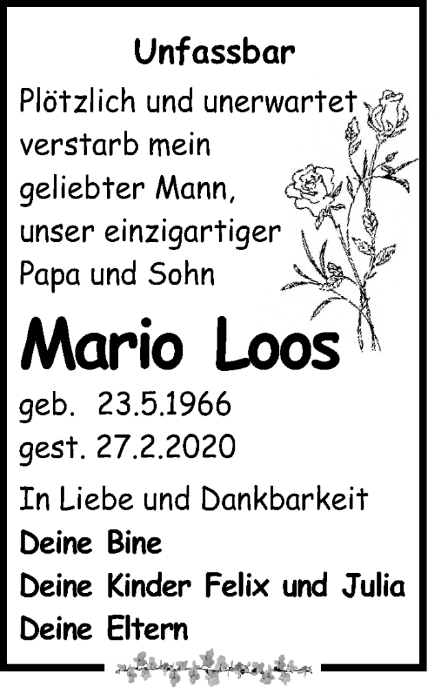  Traueranzeige für Mario Loos vom 14.03.2020 aus Leipziger Volkszeitung