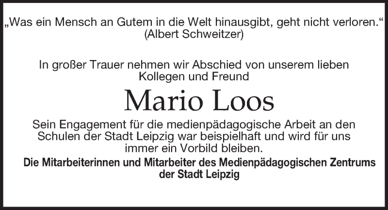  Traueranzeige für Mario Loos vom 28.03.2020 aus Leipziger Volkszeitung