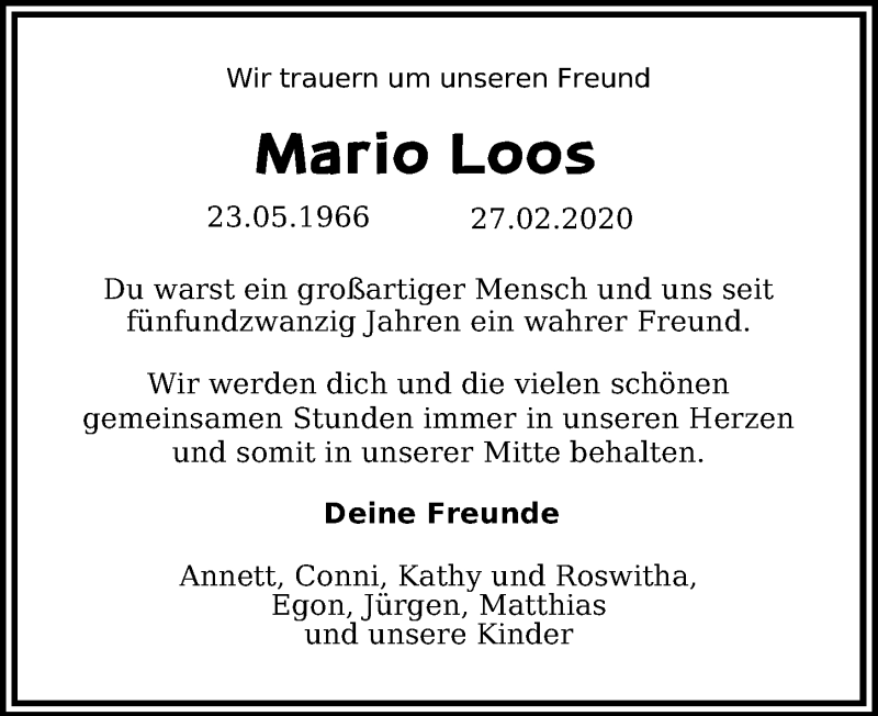  Traueranzeige für Mario Loos vom 14.03.2020 aus Leipziger Volkszeitung