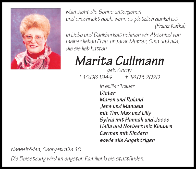  Traueranzeige für Marita Cullmann vom 21.03.2020 aus Eichsfelder Tageblatt