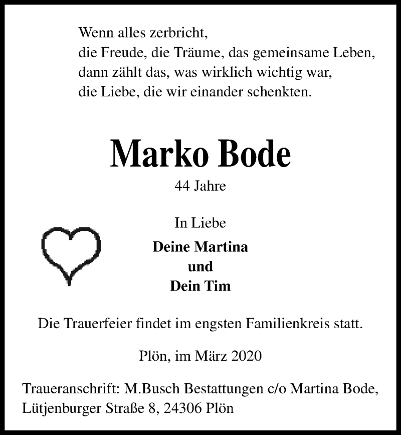  Traueranzeige für Marko Bode vom 28.03.2020 aus Kieler Nachrichten