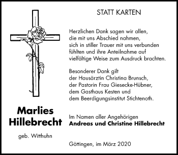 Traueranzeige von Marlies Hillebrecht von Göttinger Tageblatt