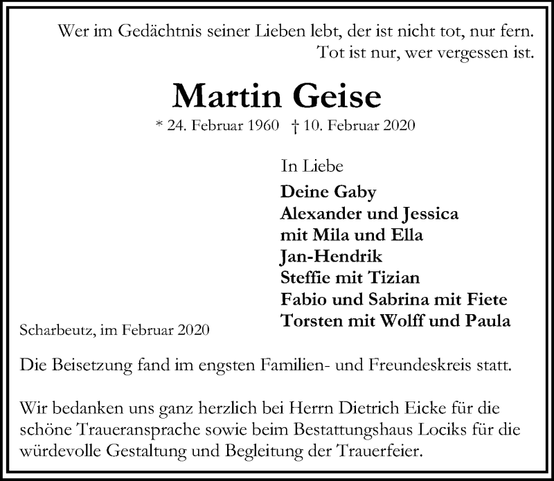  Traueranzeige für Martin Geise vom 01.03.2020 aus Lübecker Nachrichten