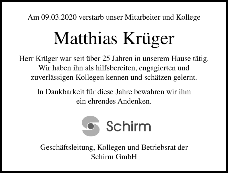  Traueranzeige für Matthias Krüger vom 22.03.2020 aus Lübecker Nachrichten